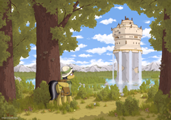 Size: 3000x2100 | Tagged: safe, artist:eriada, character:daring do, castle, female, forest, lake, mountain, mountain range, ruins, scenery, solo, temple, waterfall