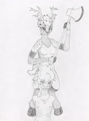 Size: 2898x3938 | Tagged: safe, artist:andandampersand, oc, oc only, oc:false promise, oc:sandy quinn, species:anthro, species:deer, species:unguligrade anthro, axe, breasts, cleave gag, crying, execution, furry, gag, grayscale, imminent death, monochrome, out of character, traditional art, weapon, wip