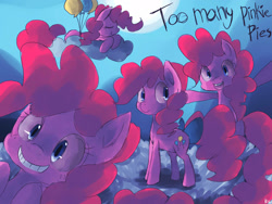 Size: 1600x1200 | Tagged: dead source, safe, artist:berrydrops, character:pinkie pie, species:earth pony, species:pony, episode:too many pinkie pies, g4, my little pony: friendship is magic, balloon, female, fun fun fun, mare, multeity