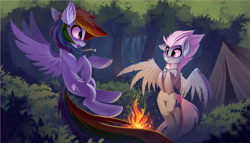 Size: 3053x1746 | Tagged: safe, artist:ramiras, derpibooru original, character:fleetfoot, character:rainbow dash, species:pegasus, species:pony, ship:fleetdash, camping, clearing, commission, female, fire, fireplace, flying, forest, jewelry, looking at each other, necklace, shipping, smiling, tent, wallpaper