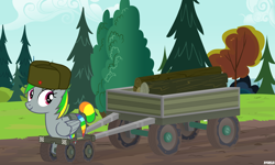 Size: 4200x2520 | Tagged: safe, artist:a4r91n, derpibooru original, oc, oc only, oc:wheely bopper, species:pony, cart, clothing, forest, hat, logs, looking at you, mud, original species, pulling, solo, spintires, tail wrap, ushanka, vector, wheelpone