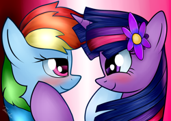 Size: 1024x724 | Tagged: safe, artist:twidasher, editor:shimmering blaze, character:rainbow dash, character:twilight sparkle, ship:twidash, blushing, female, flower, flower in hair, lesbian, looking at each other, shipping