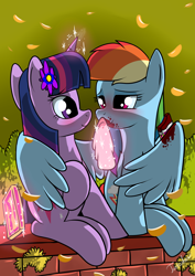 Size: 2480x3507 | Tagged: safe, artist:twidasher, character:rainbow dash, character:twilight sparkle, ship:twidash, autumn, blushing, chocolate, female, flower, flower in hair, food, hug, leaves, lesbian, messy eating, napkin, shipping, sitting, wall, winghug