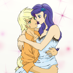 Size: 1000x1000 | Tagged: safe, artist:eulicious, character:applejack, character:rarity, species:human, ship:rarijack, blushing, clothing, dress, embrace, female, fingernails, hug, humanized, lesbian, looking at each other, nail polish, passionate, shipping, simple background, sitting on lap, sparkles