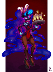 Size: 823x1120 | Tagged: safe, artist:kaliptro, character:nightmare moon, character:princess luna, species:anthro, species:unguligrade anthro, alcohol, bunny suit, clothing, female, grin, hand on hip, smiling, solo, tray, waitress