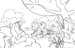 Size: 1000x638 | Tagged: safe, artist:elosande, character:daisy, character:goldengrape, character:lily, character:lily valley, character:roseluck, species:earth pony, species:pony, ship:daisygrape, basket, female, flower trio, male, mare, monochrome, picnic basket, picnic blanket, prone, shipping, spying, stallion, straight, tree