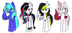 Size: 1600x736 | Tagged: safe, artist:snowbunny0820, oc, oc only, oc:dogesushi, oc:huirou lazuli, oc:rinny, oc:snowbunny, species:alicorn, species:pegasus, species:pony, female, magic, mare, middle feather, middle finger, multicolored hair, simple background, transparent background, vulgar, wing gesture, wing hands
