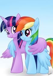 Size: 2480x3507 | Tagged: safe, artist:twidasher, character:rainbow dash, character:twilight sparkle, character:twilight sparkle (alicorn), species:alicorn, species:pony, ship:twidash, female, hug, lesbian, looking at each other, shipping, winghug