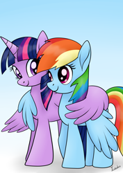 Size: 2480x3507 | Tagged: safe, artist:twidasher, character:rainbow dash, character:twilight sparkle, character:twilight sparkle (alicorn), species:alicorn, species:pony, ship:twidash, female, hug, lesbian, looking at each other, shipping, winghug