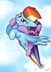 Size: 2480x3507 | Tagged: safe, artist:twidasher, character:rainbow dash, character:twilight sparkle, ship:twidash, g4, my little pony: friendship is magic, blushing, cloud, female, flying, lesbian, scared, shipping