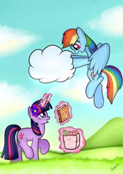 Size: 2480x3507 | Tagged: safe, artist:twidasher, character:rainbow dash, character:twilight sparkle, species:pegasus, species:pony, species:unicorn, ship:twidash, book, cloud, female, flower, flower in hair, flying, groceries, lesbian, looking at each other, magic, mare, shipping, sky, smiling