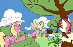 Size: 1000x638 | Tagged: safe, artist:elosande, character:daisy, character:goldengrape, character:lily, character:lily valley, character:roseluck, species:earth pony, species:pony, ship:daisygrape, basket, colored, female, flower trio, male, mare, picnic, picnic basket, picnic blanket, prone, shipping, spying, stallion, straight, tree