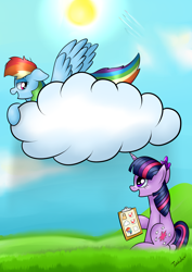Size: 2480x3507 | Tagged: safe, artist:twidasher, character:rainbow dash, character:twilight sparkle, species:pony, ship:twidash, clipboard, cloud, female, lesbian, mare, shipping, smiling, sun