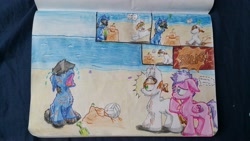 Size: 3264x1836 | Tagged: safe, artist:hilfigirl, oc, oc only, oc:blueboard, oc:endearing chalk, unnamed oc, species:earth pony, species:pegasus, species:pony, beach, comic, crying, sand, sandcastle, sports, text, traditional art, volleyball, water