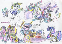 Size: 3483x2446 | Tagged: safe, artist:grimmyweirdy, character:coloratura, character:countess coloratura, character:princess cadance, character:princess flurry heart, character:rarity, character:spike, character:twilight sparkle, character:twilight sparkle (alicorn), oc, oc:starburst, parent:flash sentry, parent:twilight sparkle, parents:flashlight, species:alicorn, species:dragon, species:pony, alternate hairstyle, clothing, female, future, male, offspring, older, piercing, princess emo heart, punk, punkity, punklight sparkle, teenage flurry heart, teenager, traditional art, wing piercing