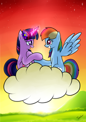 Size: 2480x3507 | Tagged: safe, artist:twidasher, character:rainbow dash, character:twilight sparkle, ship:twidash, cloud, female, flower, flower in hair, holding hooves, lesbian, looking at each other, shipping, sunset