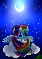 Size: 2480x3507 | Tagged: safe, artist:twidasher, character:rainbow dash, character:twilight sparkle, ship:twidash, cloud, female, hug, intertwined tails, lesbian, moon, night, shipping, starry night, winghug