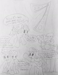 Size: 1682x2169 | Tagged: safe, artist:andandampersand, character:apple bloom, character:babs seed, character:scootaloo, character:sweetie belle, oc, oc:cottonswirl, species:pegasus, species:pony, species:unicorn, barrel, cape, clothing, dialogue, flying, happy birthday mlp:fim, looking at you, meta, mlp fim's seventh anniversary, monochrome, simple background, traditional art