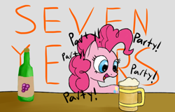 Size: 780x498 | Tagged: safe, artist:itsthinking, character:pinkie pie, alcohol, beer, female, gray background, happy birthday mlp:fim, mlp fim's seventh anniversary, party, simple background, smiling, solo, wine