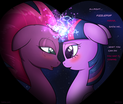 Size: 3525x2985 | Tagged: safe, artist:haltie, character:fizzlepop berrytwist, character:tempest shadow, character:twilight sparkle, ship:tempestlight, my little pony: the movie (2017), blushing, broken horn, dialogue, female, horns are touching, lesbian, magic, night, romantic, shipping, sparking horn, starry backdrop, stars