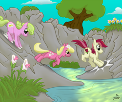 Size: 1600x1328 | Tagged: safe, artist:elosande, character:daisy, character:lily, character:lily valley, character:roseluck, species:earth pony, species:pony, colored, female, flower, flower trio, jumping, mare, running, smiling
