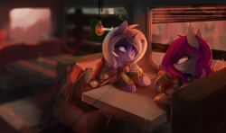 Size: 1280x759 | Tagged: safe, artist:tangomangoes, oc, oc only, oc:lady midday, oc:nom de plume, species:bat pony, species:pony, species:unicorn, fallout equestria, armor, broken glass, broken window, commission, diner, drink, duo, elite riot gear, enclave, enclave armor, female, frown, grand pegasus enclave, looking at each other, mare, power armor, sitting