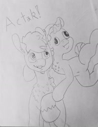 Size: 1774x2284 | Tagged: safe, artist:andandampersand, derpibooru original, oc, oc only, oc:chip, oc:dee valerie, species:earth pony, species:pegasus, species:pony, chest fluff, derp, female, grayscale, male, monochrome, simple background, straight, traditional art, unshorn fetlocks, white background