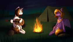 Size: 3100x1800 | Tagged: source needed, useless source url, safe, artist:shiro-roo, oc, oc only, oc:butter cream, oc:light landstrider, species:bat pony, species:pony, species:unicorn, bandana, campfire, camping, commission, cutie mark, eyes closed, female, fire, grass, guitar, logs, love, male, mare, night, singing, smiling, stallion, tent