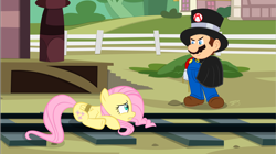 Size: 3846x2160 | Tagged: safe, artist:perplexedpegasus, character:fluttershy, species:human, species:pegasus, species:pony, barely pony related, clothing, crossover, damsel in distress, dastardly whiplash, fanart mashup challenge, female, hat, mare, mario, marioshy, nintendo, peril, rope, super mario bros., super smash bros., tied to tracks, tied up, top hat, train tracks