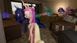 Size: 2000x1125 | Tagged: safe, artist:johnnyxluna, character:princess cadance, character:princess celestia, character:princess luna, character:twilight sparkle, character:twilight sparkle (alicorn), species:alicorn, species:pony, 3d, suitcases, weekend, xbox one