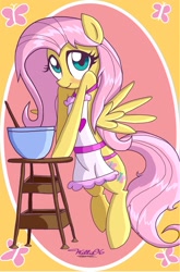 Size: 1320x2004 | Tagged: safe, artist:willisninety-six, character:fluttershy, species:pony, apron, bipedal, blushing, clothing, cooking, cute, looking at you, shyabetes, waifu