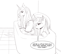 Size: 1152x1024 | Tagged: safe, artist:jalm, character:princess celestia, character:princess luna, bath, cute, cutelestia, dialogue, frown, lineart, looking back, monochrome, mouth hold, nom, nose wrinkle, open mouth, plot, rubber duck, s1 luna, sisters, smiling, strategically covered, sunbutt, unamused, water, wet, wet mane, younger