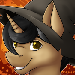 Size: 1500x1500 | Tagged: safe, artist:dunnowhattowrite, oc, oc only, oc:aegis aurora, species:pony, species:unicorn, abstract background, clothing, halloween, hat, holiday, looking at you, male, smiling, solo, witch hat