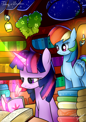 Size: 2480x3507 | Tagged: safe, artist:twidasher, character:rainbow dash, character:twilight sparkle, species:pegasus, species:pony, species:unicorn, ship:twidash, book, cute, dashabetes, female, golden oaks library, lesbian, mare, multicolored hair, shipping, tired, twiabetes