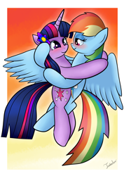 Size: 2480x3507 | Tagged: safe, artist:twidasher, character:rainbow dash, character:twilight sparkle, ship:twidash, blushing, female, flower, flower in hair, flying, hug, lesbian, shipping