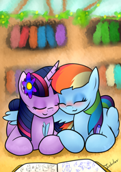 Size: 2480x3507 | Tagged: safe, artist:twidasher, character:rainbow dash, character:twilight sparkle, ship:twidash, blushing, book, bookshelf, feather, female, flower, flower in hair, hug, lesbian, reading, shipping, winghug