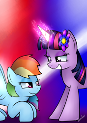 Size: 2480x3507 | Tagged: safe, artist:twidasher, character:rainbow dash, character:twilight sparkle, species:pegasus, species:pony, species:unicorn, ship:twidash, female, flower, flower in hair, glowing horn, grin, lesbian, looking at each other, mare, shipping, smiling