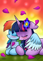 Size: 2480x3507 | Tagged: safe, artist:twidasher, character:rainbow dash, character:twilight sparkle, species:pegasus, species:pony, species:unicorn, ship:twidash, eyes closed, female, hug, lesbian, mare, multicolored hair, prone, shipping, smiling, winghug