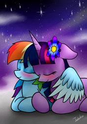 Size: 2480x3507 | Tagged: safe, artist:twidasher, character:rainbow dash, character:twilight sparkle, species:pegasus, species:pony, species:unicorn, ship:twidash, blushing, eyes closed, female, floppy ears, flower, flower in hair, hug, lesbian, mare, multicolored hair, night, prone, shipping, smiling, stars, winghug