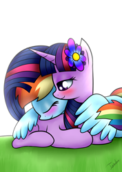Size: 2480x3507 | Tagged: safe, artist:twidasher, character:rainbow dash, character:twilight sparkle, species:pegasus, species:pony, species:unicorn, ship:twidash, cuddling, cute, dashabetes, eyes closed, female, lesbian, looking up, mare, multicolored hair, prehensile tail, prone, shipping, snuggling, twiabetes