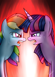 Size: 2480x3507 | Tagged: safe, artist:twidasher, character:rainbow dash, character:twilight sparkle, species:pegasus, species:pony, species:unicorn, ship:twidash, angry, argument, female, lesbian, looking at each other, mare, multicolored hair, open mouth, shipping, yelling