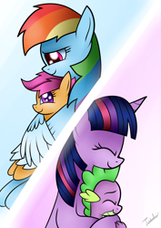 Size: 2480x3507 | Tagged: safe, artist:twidasher, character:rainbow dash, character:scootaloo, character:spike, character:twilight sparkle, species:dragon, species:pegasus, species:pony, species:unicorn, comforting, eyes closed, female, filly, hug, mare, multicolored hair, scootalove, spikelove, winghug