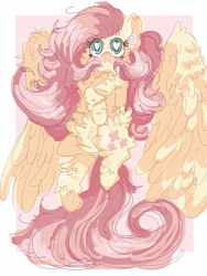 Size: 768x1024 | Tagged: safe, artist:cutebeerfloat, artist:supernoncutie, character:fluttershy, species:pegasus, species:pony, belly fluff, cheek fluff, chest fluff, ear fluff, female, fluffershy, fluffy, heart eyes, hoof fluff, hooves to the chest, leg fluff, looking up, solo, spread wings, wing fluff, wingding eyes, wings