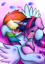 Size: 2480x3507 | Tagged: safe, artist:twidasher, character:rainbow dash, character:twilight sparkle, species:pegasus, species:pony, species:unicorn, ship:twidash, blushing, chest fluff, crying, eyes closed, eyeshadow, female, floppy ears, lesbian, makeup, mare, open mouth, sad, shipping, spread wings, wavy mouth, wings