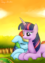Size: 2480x3507 | Tagged: safe, artist:twidasher, character:daring do, character:rainbow dash, character:twilight sparkle, species:pegasus, species:pony, species:unicorn, ship:twidash, cloud, eyes closed, female, grass, lesbian, prone, reading, sad, shipping, sky, tired, tree