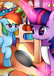Size: 2480x3507 | Tagged: safe, artist:twidasher, character:rainbow dash, character:twilight sparkle, species:pegasus, species:pony, species:unicorn, ship:twidash, apron, bags under eyes, bed, bookshelf, clothing, cooking, female, food, frying pan, golden oaks library, lesbian, looking at each other, magic, pancakes, raised hoof, shipping, sleepy, smiling, telekinesis