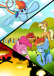 Size: 2480x3507 | Tagged: safe, artist:twidasher, character:applejack, character:pinkie pie, character:rainbow dash, character:twilight sparkle, ship:twidash, apple, bush, clothing, cloud, cloudy, comic, cowboy hat, eyes closed, female, flying, food, golden oaks library, hat, lesbian, open mouth, prank, rainbow trail, raised hoof, shipping, smiling, sunset, tree