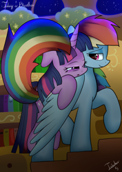 Size: 2480x3507 | Tagged: safe, artist:twidasher, character:rainbow dash, character:twilight sparkle, species:pegasus, species:pony, species:unicorn, ship:twidash, bookshelf, carrying, female, golden oaks library, lesbian, lidded eyes, looking at you, night, open mouth, raised hoof, shipping, sleepy, smiling, stairs, tired
