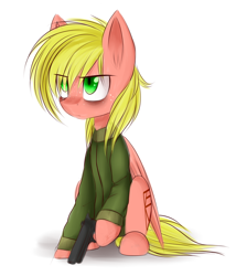 Size: 1600x1869 | Tagged: safe, artist:snowbunny0820, oc, oc only, oc:finlay, species:pegasus, species:pony, clothing, cutie mark, eye clipping through hair, gun, hair over one eye, handgun, hooves, male, pistol, simple background, sitting, solo, stallion, weapon, white background, wings