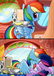Size: 2480x3507 | Tagged: safe, artist:twidasher, character:rainbow dash, character:twilight sparkle, species:pegasus, species:pony, ship:twidash, banana, bed, breakfast, breakfast in bed, cereal, female, food, golden oaks library, lesbian, mare, milk, shipping, sleeping
